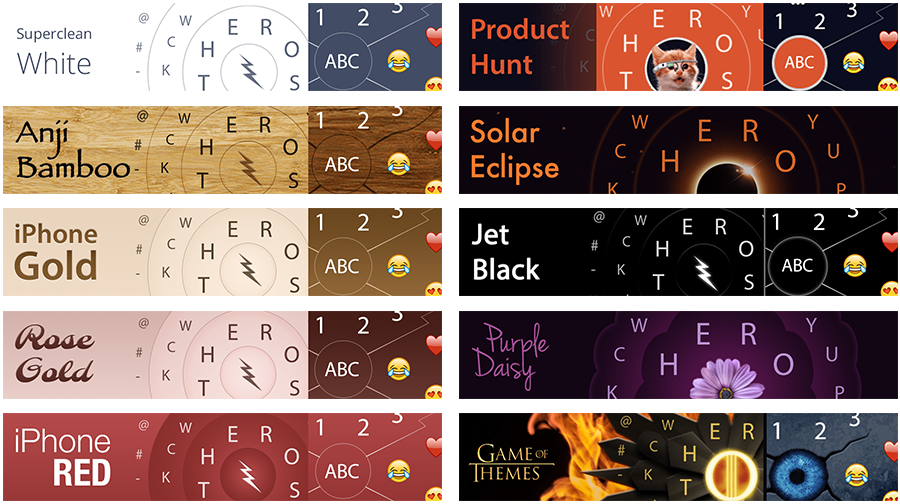 Some of HERO Keyboard's themes.